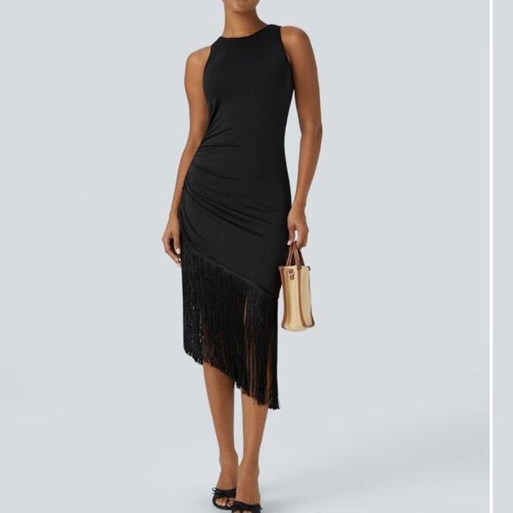 Halara Round Neck Sleeveless Ruched Fringe Bodycon Midi Resort Dress S NWT - Picture 1 of 13